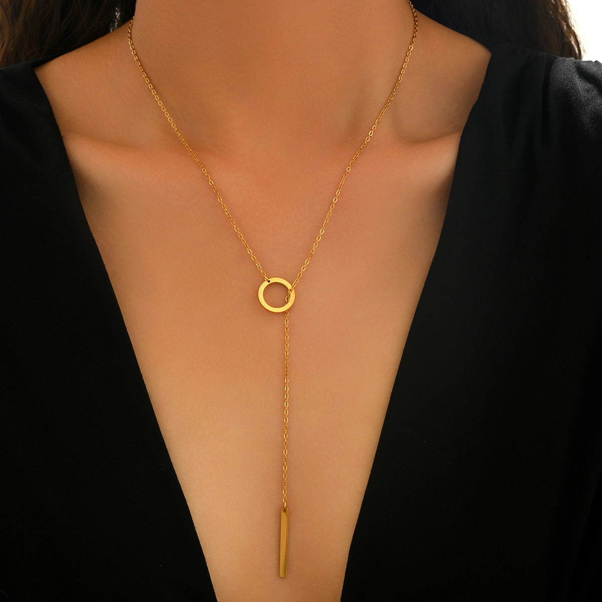 Geometric Circular Pendant Necklace Gold Plated Titanium Steel Chain