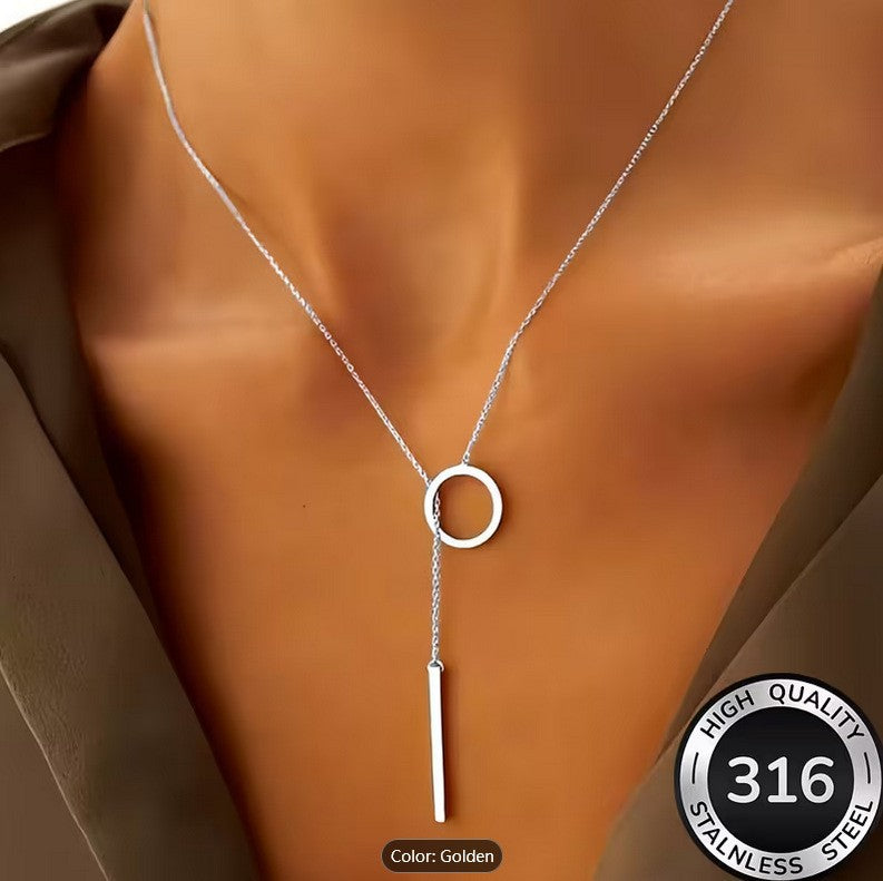 Geometric Circular Pendant Necklace Gold Plated Titanium Steel Chain