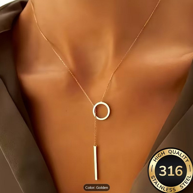 Geometric Circular Pendant Necklace Gold Plated Titanium Steel Chain