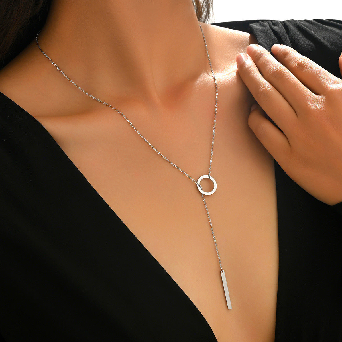 Geometric Circular Pendant Necklace Gold Plated Titanium Steel Chain