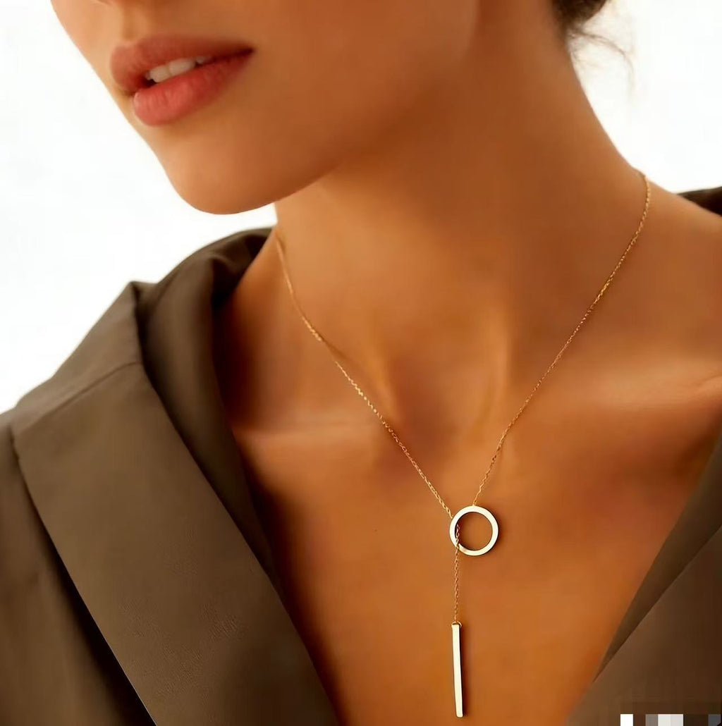 Geometric Circular Pendant Necklace Gold Plated Titanium Steel Chain