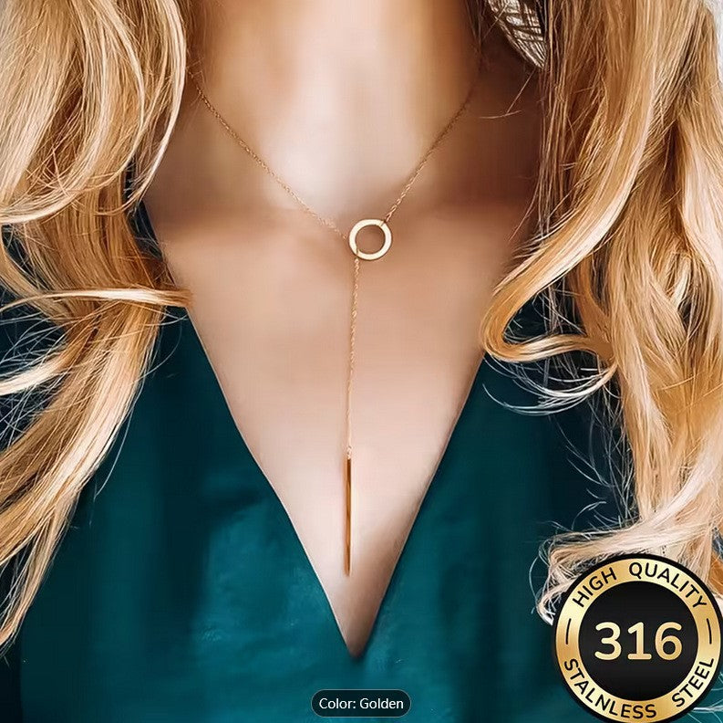Geometric Circular Pendant Necklace Gold Plated Titanium Steel Chain